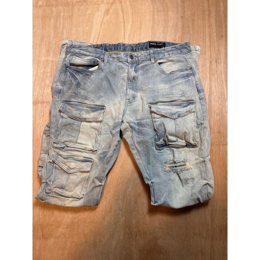 Smoke Rise Mens Stacked Cargo Jeans Light Wash Distressed Denim Size 38